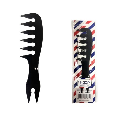 Pente preto de plástico para cabelo, embalado em cartão colorido