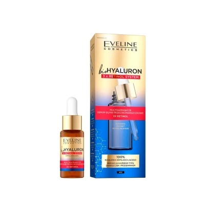 Sérum facial anti-rugas Eveline Cosmetics bioHyaluron 3 x Retinol System com frasco de vidro âmbar e conta-gotas branco junto à embalagem azul, dourada e vermelha.
