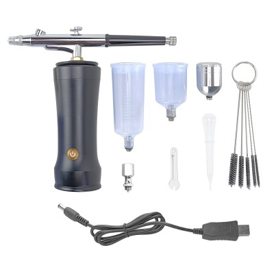 Conjunto de aerógrafo com compressor preto, acessórios e cabo USB preto