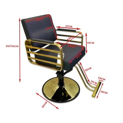 Cadeira de salão preta com estrutura dourada e base metálica redonda