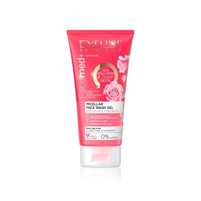 Gel de limpeza facial micelar Eveline Cosmetics em embalagem rosa e branca com flores