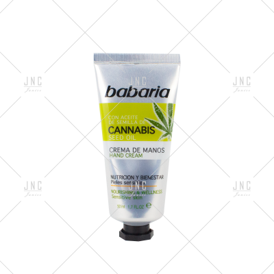 Tubo prata de creme de mãos Babaria com texto sobre óleo de semente de cannabis e embalagem de 50 ml