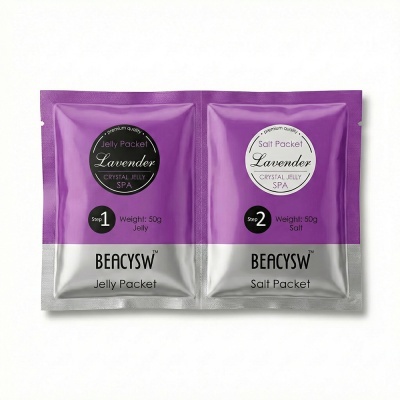 Pacotes roxos e prata com texto de jelly e salt Lavender Crystal Jelly Spa