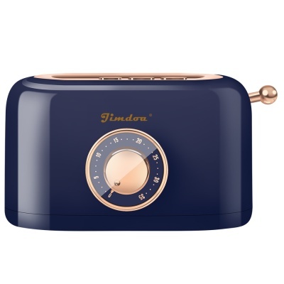 Torradeira elétrica azul escura com detalhes dourados e temporizador circular frontal