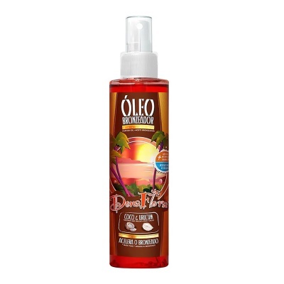 Frasco spray de óleo bronzeador com etiqueta marrom e vermelho do produto Dona Flor