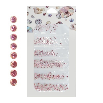 Conjunto de cristais autocolantes rosa em embalagem decorada.