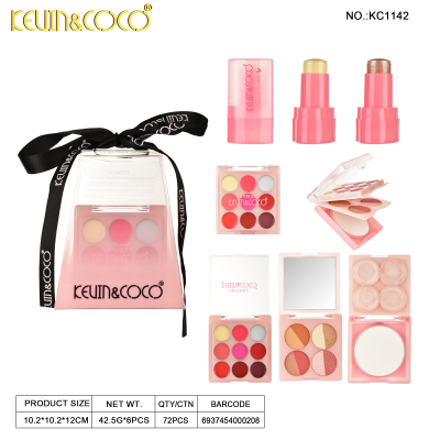Conjunto de maquilhagem KEVIN&COCO com batons, paletas de sombras, blushes e pós compactos em embalagem rosa