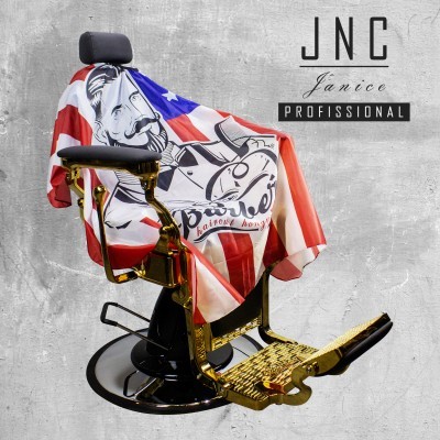 Cadeira de barbeiro dourada com tecido padrão da bandeira dos EUA e design de homem bigodudo