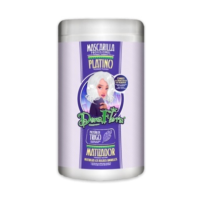 Recipiente de máscara capilar profissional Platino com embalagem lilás e branca, texto e ilustração de mulher de cabelo branco.