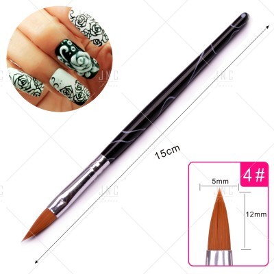 Pincel fino para unhas preto com cerdas castanhas e unhas pintadas com rosas em preto e branco