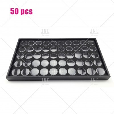 Tabuleiro preto com 50 divisórias circulares transparentes para armazenamento