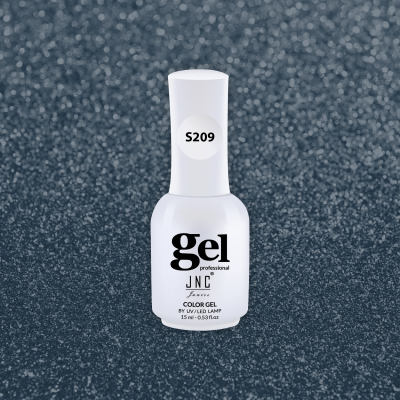 Frasco branco fosco de verniz gel profissional JNC Paris com tampa e etiqueta S209 sobre fundo cinzento escuro brilhante