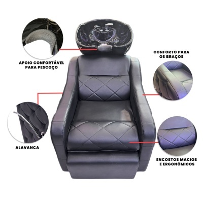 Cadeira de lavagem de cabelo preta com lavatório e detalhes de conforto em português