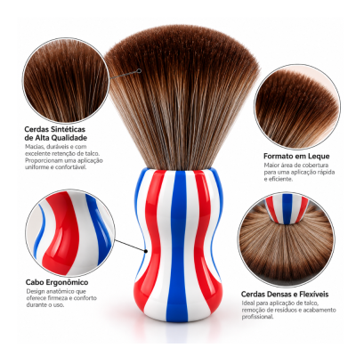 Pincel de barbear com cerdas castanhas e cabo colorido em branco, vermelho e azul