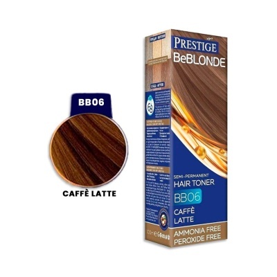 Embalagem de tonalizante capilar Prestige BeBlonde BB06 Caffè Latte com amostra de cor castanho escuro