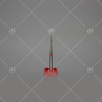 Broca de metal para manicure com detalhe vermelho em fundo cinzento