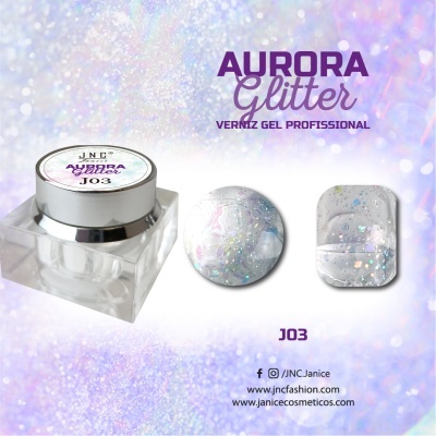 Verniz gel Aurora Glitter JNC J03 com glitter cinza perolado