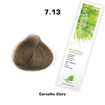 Kit tinte cabelo MISS COL 7.13 Carvalho Claro sem amoníaco embalagem branca e verde com amostra cabelo castanho claro