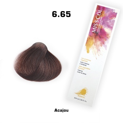 Tonalizador de cabelo Miss Col 6.65 Acajou com amostra de cabelo e embalagem