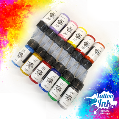 Conjunto de tintas para tatuagem coloridas organizadas em filas sobre fundo vibrante com texto Tattoo Ink Tinta de Tatuagem