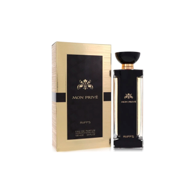 Frasco e embalagem de perfume Mon Privé, cores dourado e preto