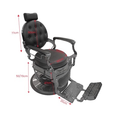 Cadeira de barbeiro preta acolchoada com apoios e medições em vermelho