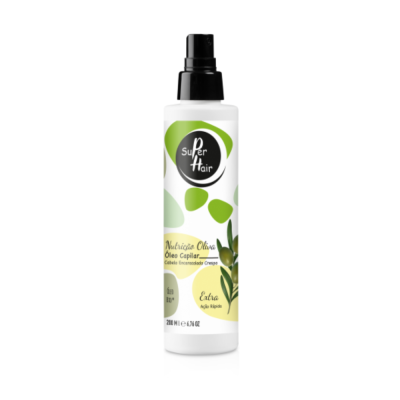 Frasco branco com tampa preta de spray óleo capilar Nutrição Oliva Super Hair