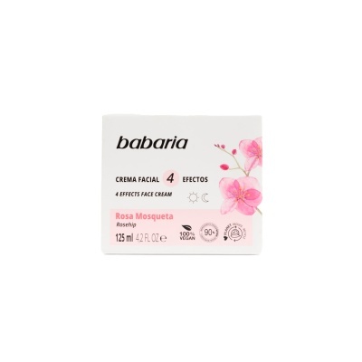 Caixa branca de creme facial Babaria com texto e flores cor-de-rosa