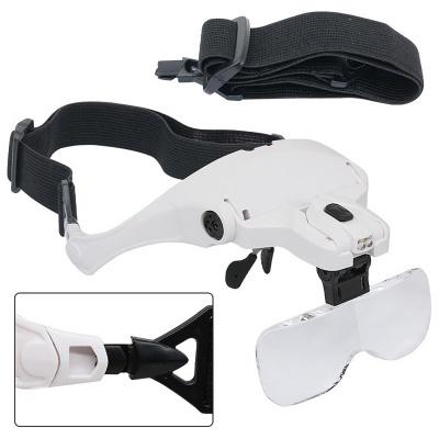 Óculos de aumento com lente translúcida, estrutura branca e tira preta ajustável