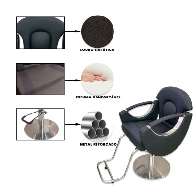 Cadeira de barbearia preta com base metálica e apoio para pés