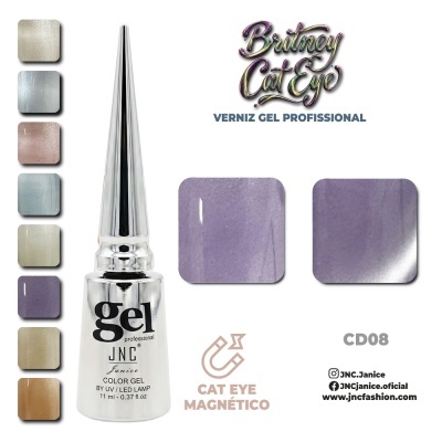 Verniz gel profissional JNC Janice em embalagem prateada com várias cores metálicas disponíveis