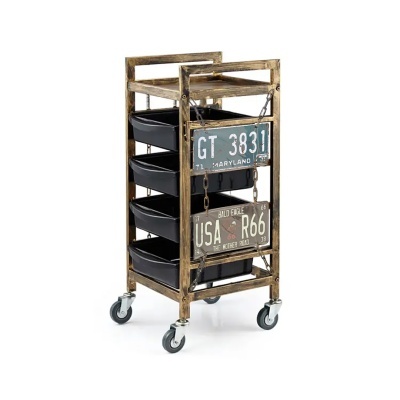 Carrinho metálico com caixas pretas e placas de matrícula decorativas