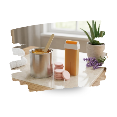 Conjunto de produtos para depilação com cera, discos rosados, cartucho roll-on, toalhas, planta suculenta e flores lilás