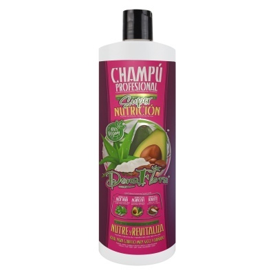 Frasco branco com champô profissional super nutrição, rótulo púrpura com imagens de abacate e coco.