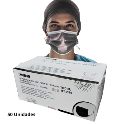 Caixa de máscaras pretas descartáveis e pessoa a usar máscara