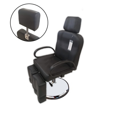 Cadeira profissional de barbeiro em couro preto com base cromada e apoio ajustável