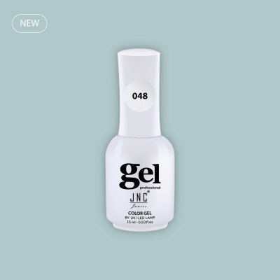 Frasco branco de verniz gel para unhas com texto e número 048