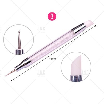 Ferramenta dupla para unhas com corpo transparente e brilhos, ponta metálica fina e esponja branca