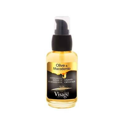 Frasco de óleo capilar Olive & Macadamia Visage com texto em preto e dourado