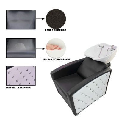 Cadeira para lavagem de cabelo preta com lavatório branco e laterais detalhadas