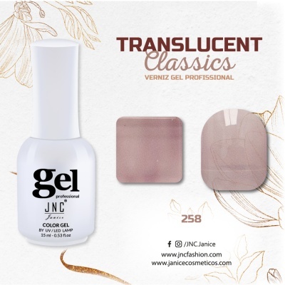 Frasco de verniz gel profissional JNC com amostras de cor translúcida castanha código 258