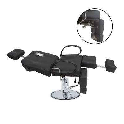 Cadeira de barbearia preta com base cromada e apoios ajustáveis