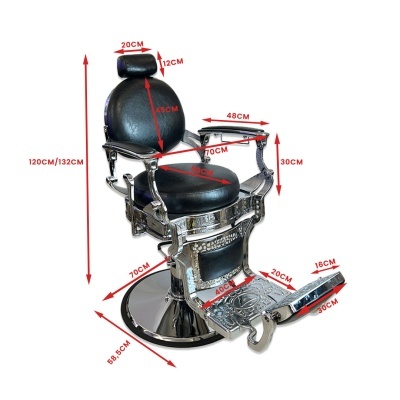 Cadeira de barbeiro preta com estrutura metálica prateada e medidas indicadas