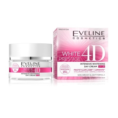 Creme de dia Eveline Cosmetics White Prestige 4D em embalagem branca e rosa