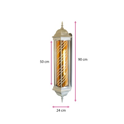 Candeeiro de parede metálico dourado com vidro espiralado e medidas indicadas
