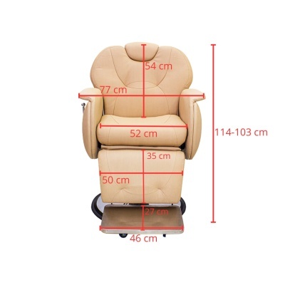 Cadeira reclinável em pele bege com apoios de braços acolchoados e apoio de pés em metal