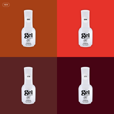 Quatro frascos de verniz gel branco numerados 083, 094, 170 e 171 contra fundos coloridos em quadrantes.