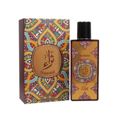 Frasco e caixa de perfume THARAA com padrão colorido oriental