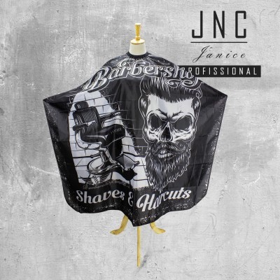 Capa de cabeleireiro preta com design gráfico branco e texto de barbearia