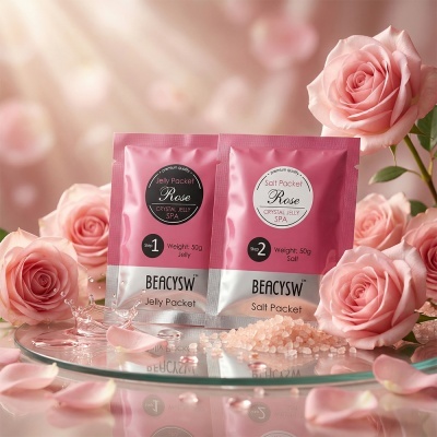 Pacotes rosa e prata BEACYSW Jelly e Salt Packet com rosas cor-de-rosa e cristais de sal em fundo rosa claro.